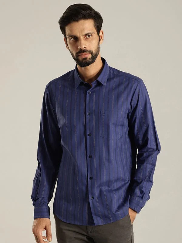 Indian Terrain Men's Slim Fit Full Sleeve Striped Blue Shirt